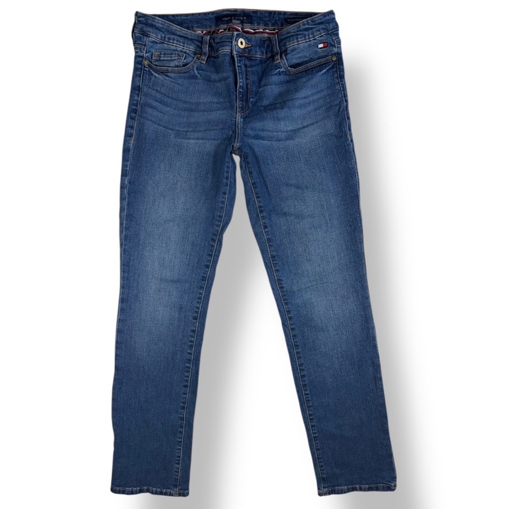 TOMMY HILFIGER y2k Logo Raleigh Straight Leg Mid Rise Blue Denim Jeans Pants 4 - Picture 2 of 9